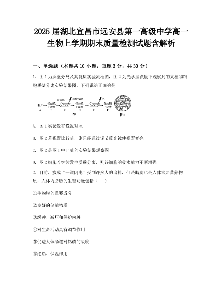 2025届湖北宜昌市远安县第一高级中学高一生物上学期期末质量检测试题含解析