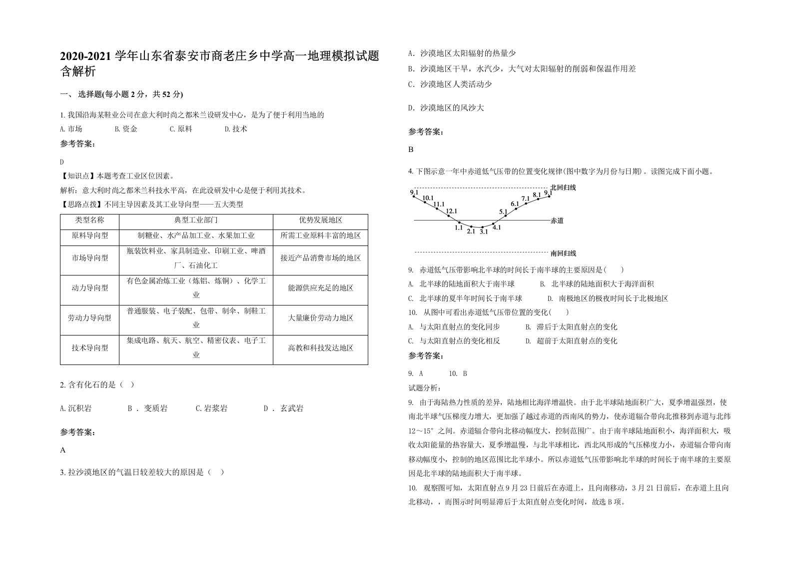 2020-2021学年山东省泰安市商老庄乡中学高一地理模拟试题含解析