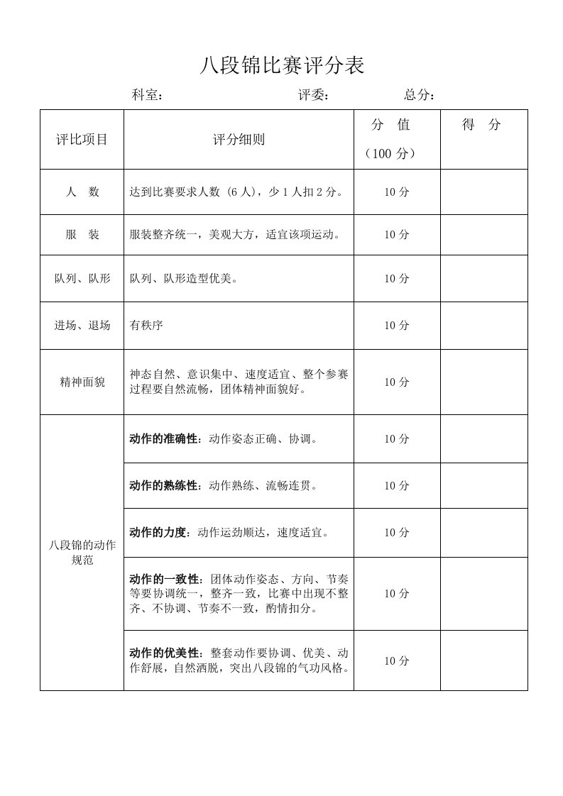 八段锦比赛评分表