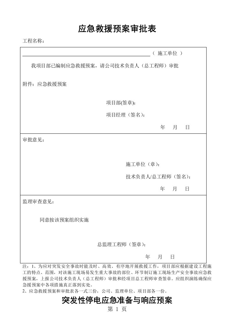 应急救援预案及审批表