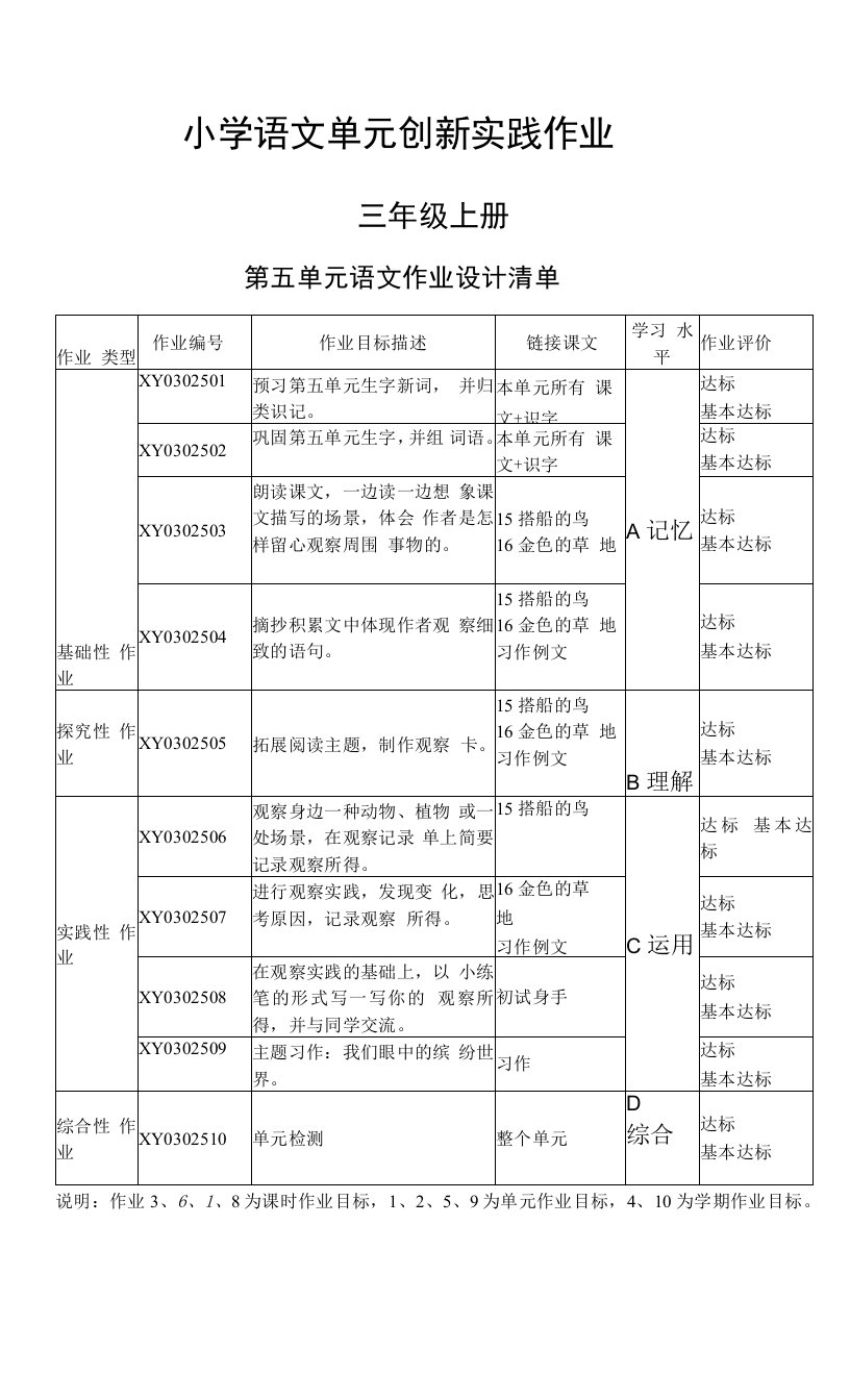 三年级上册第五单元语文作业设计清单