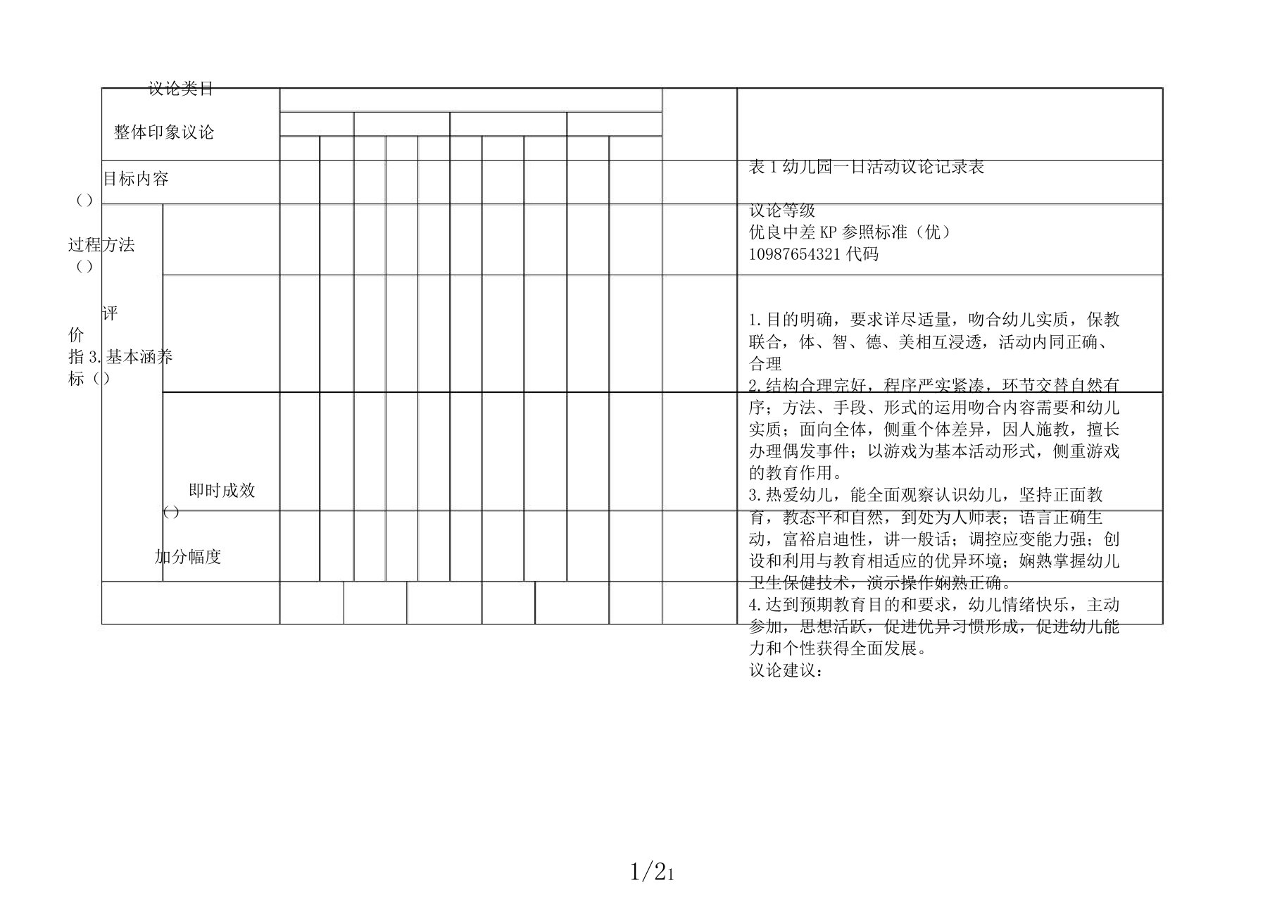 表格1幼儿园一日活动评价记录表格