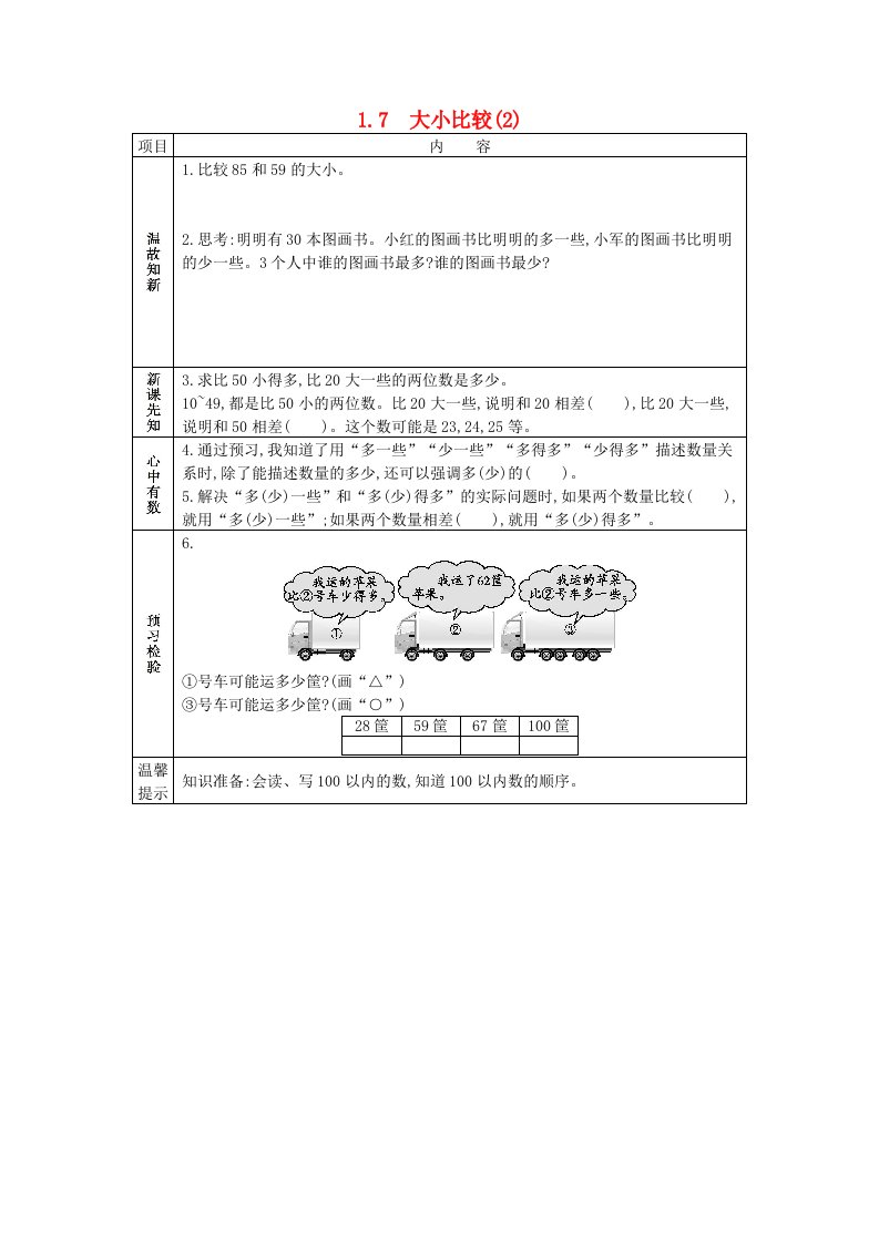 一年级数学下册一100以内数的认识1.7大小比较2学案西师大版202106051229