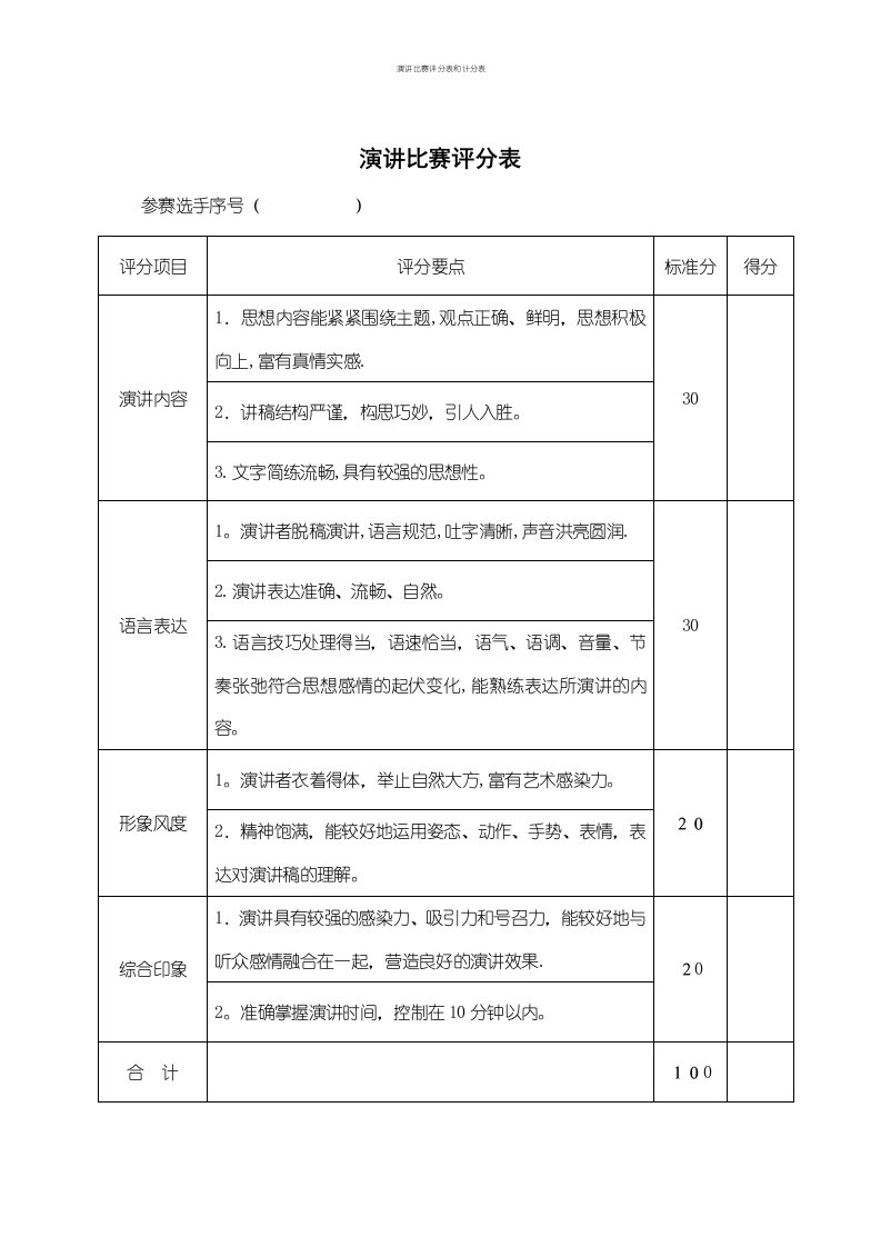 演讲比赛评分表和计分表