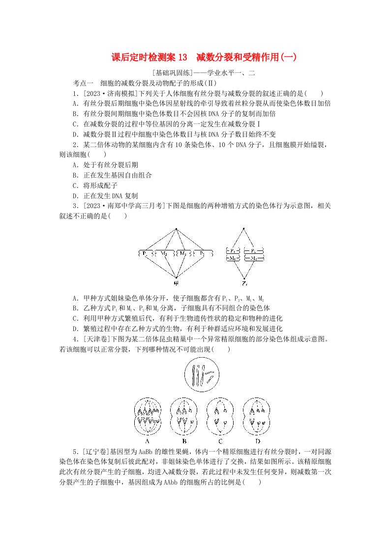 2024版新教材高考生物全程一轮总复习课后定时检测案13减数分裂和受精作用一