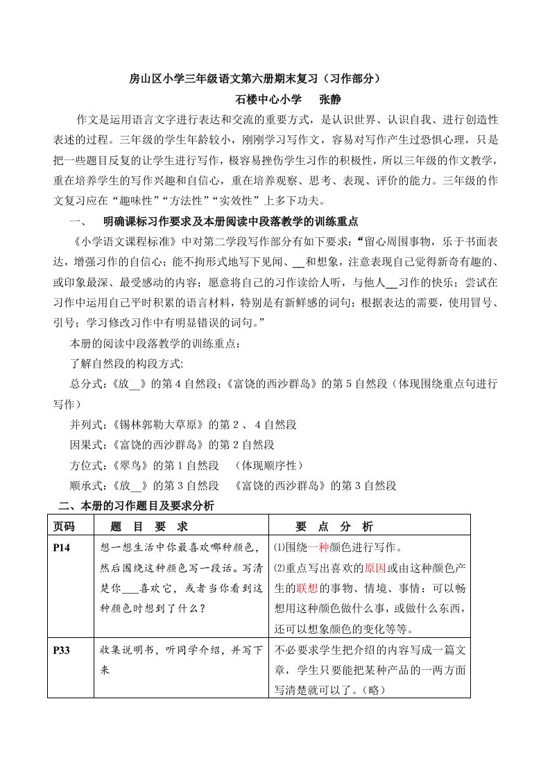 房山区小学三年级语文第六册期末复习(习作部分)