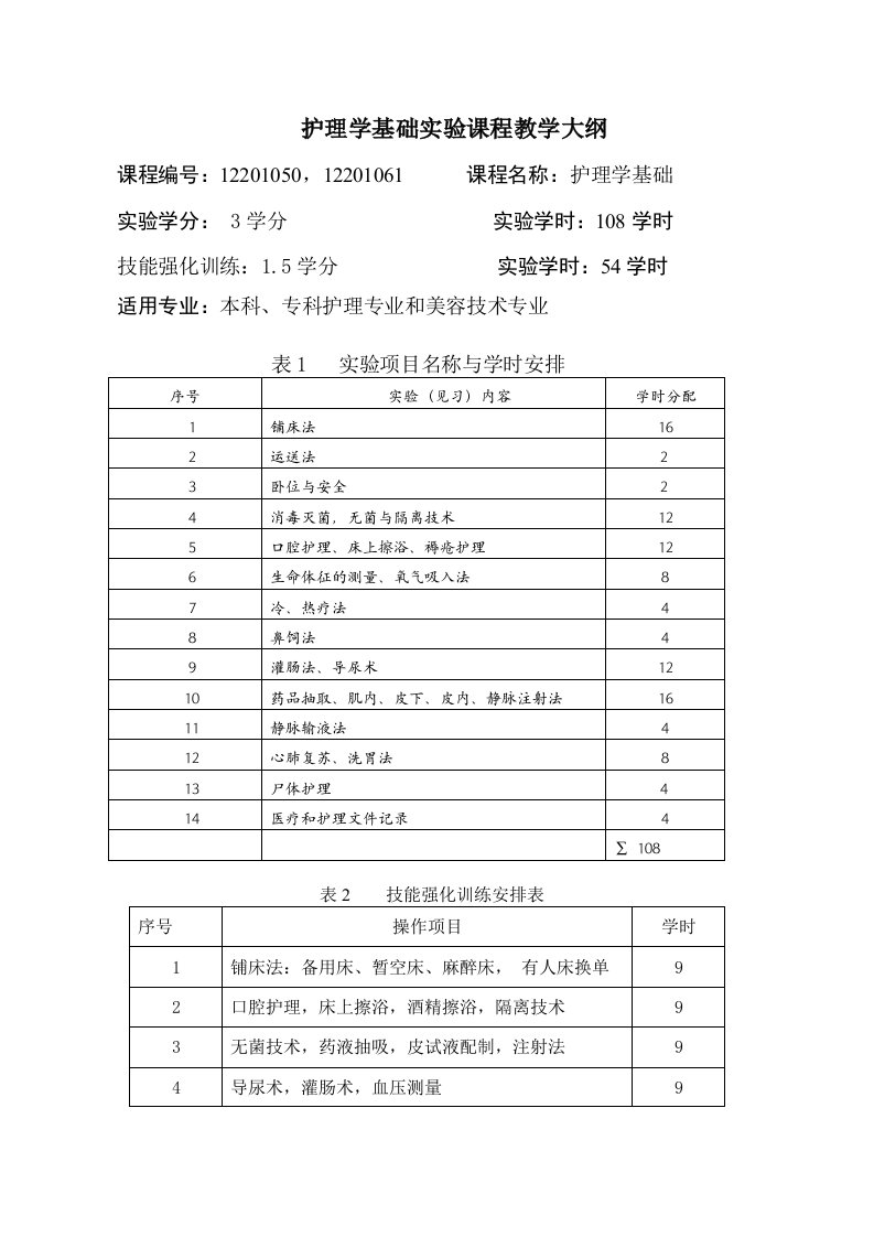 护理学基础实验课程教学大纲