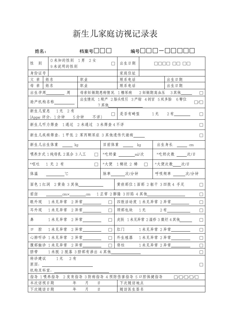 新生儿家庭访视记录表