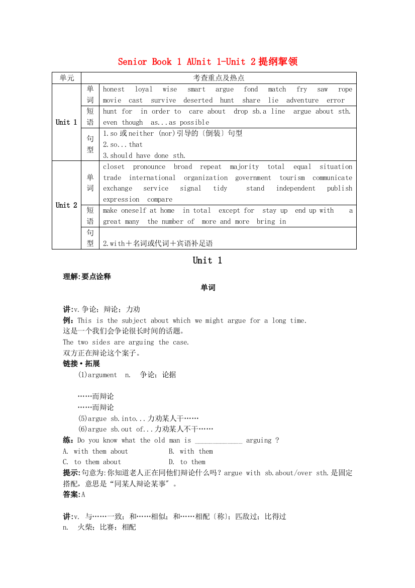 （整理版高中英语）SeniorBook1AUnit1Unit2提纲挈领