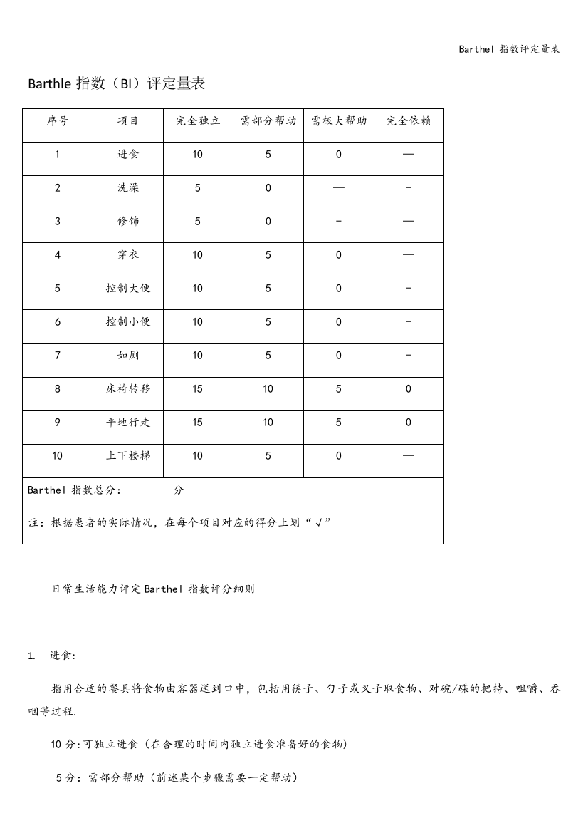 Barthel指数评定量表