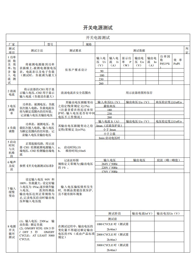 开关电源测试表格