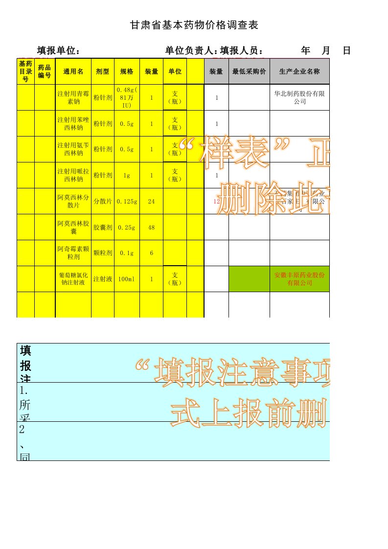 医疗行业-甘肃省基本药物价格调查表