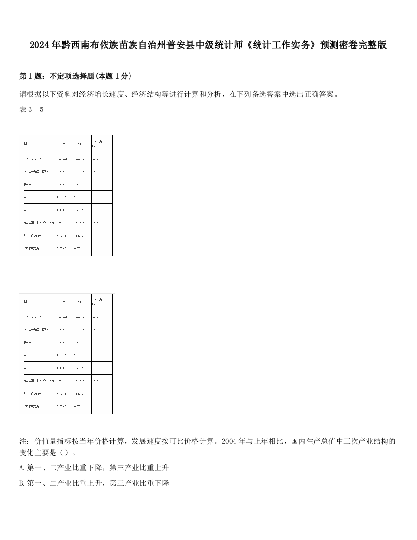 2024年黔西南布依族苗族自治州普安县中级统计师《统计工作实务》预测密卷完整版