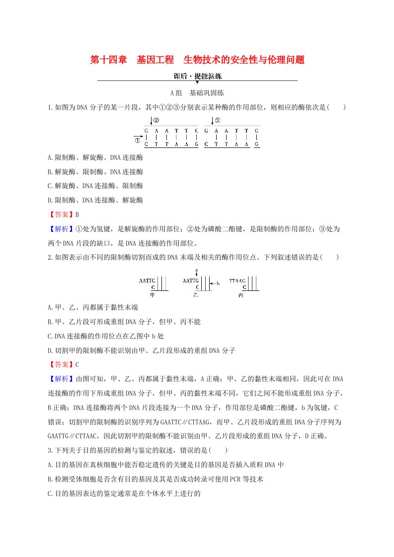 2024版高考生物一轮总复习第十四单元基因工程生物技术的安全性与伦理问题