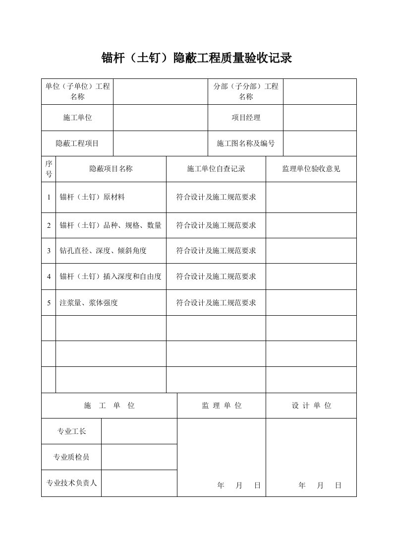 锚杆(土钉)隐蔽工程质量验收记录