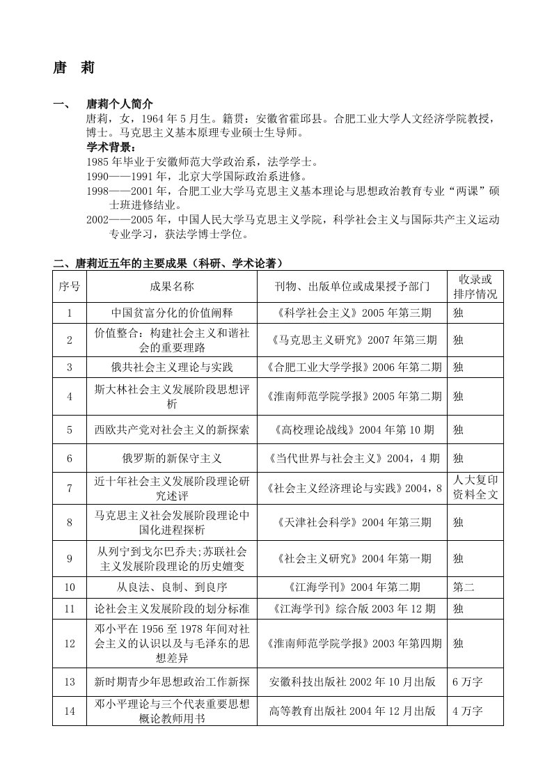 唐莉近五年取得的主要成果（科研、教学、学术论著）