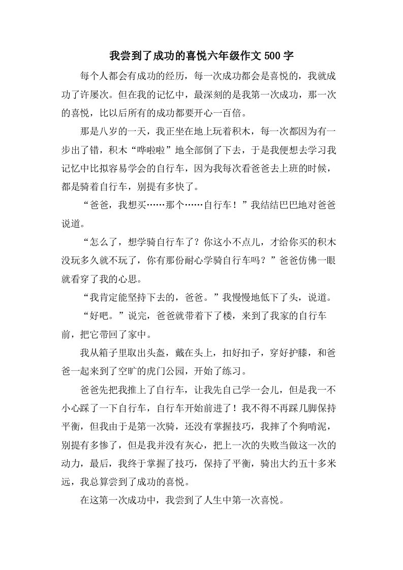 我尝到了成功的喜悦六年级作文500字