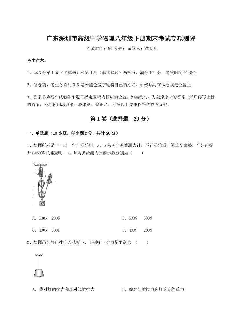 重难点解析广东深圳市高级中学物理八年级下册期末考试专项测评试题（解析版）