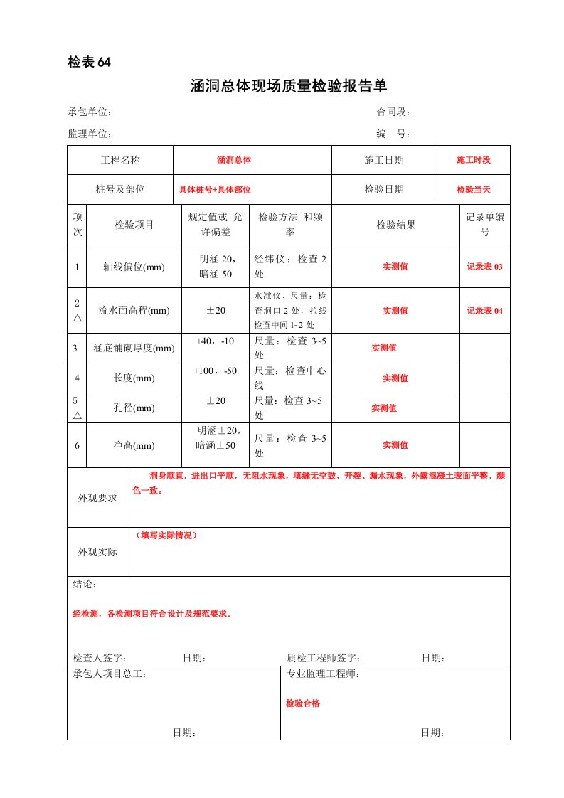 涵洞总体现场质量检验报告单