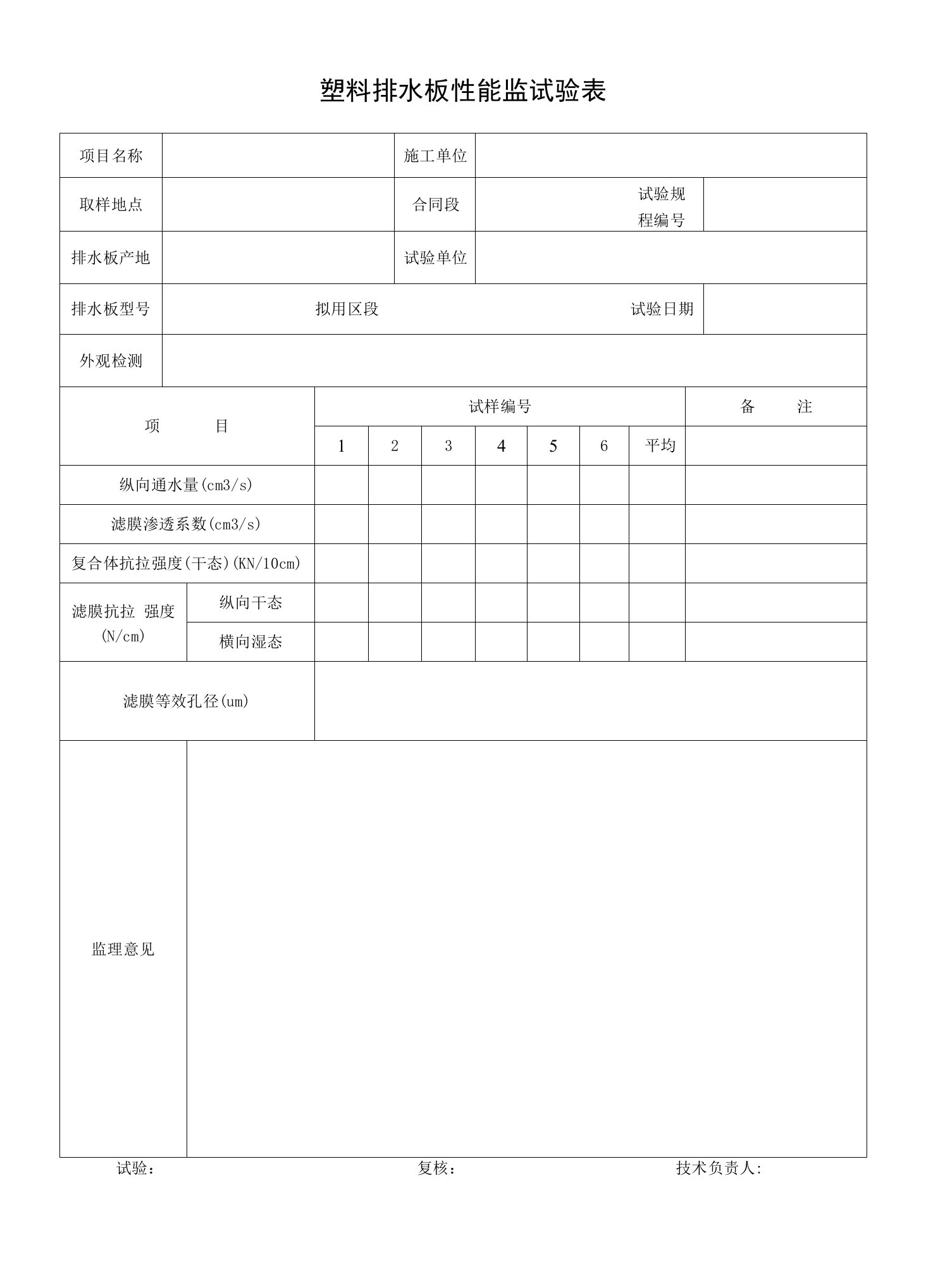 塑料排水板性能监试验表