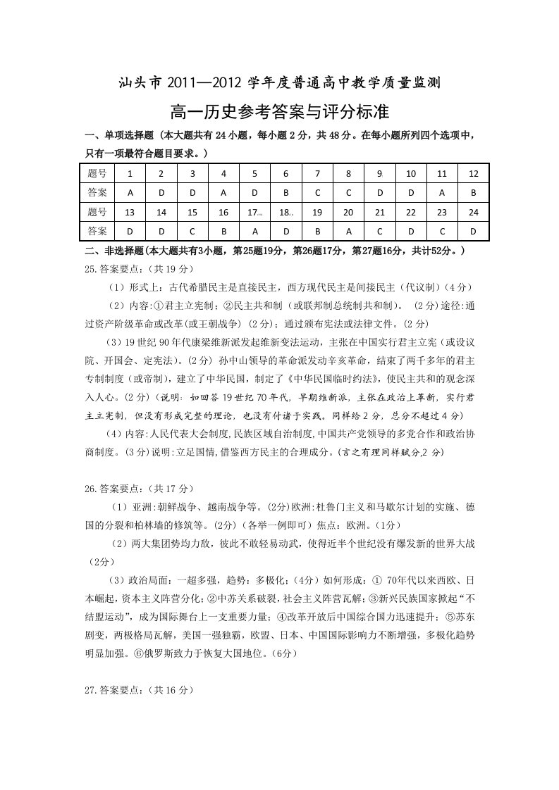 汕头市2011-2012学年度普通高中教学质量监测高一历史试题答案