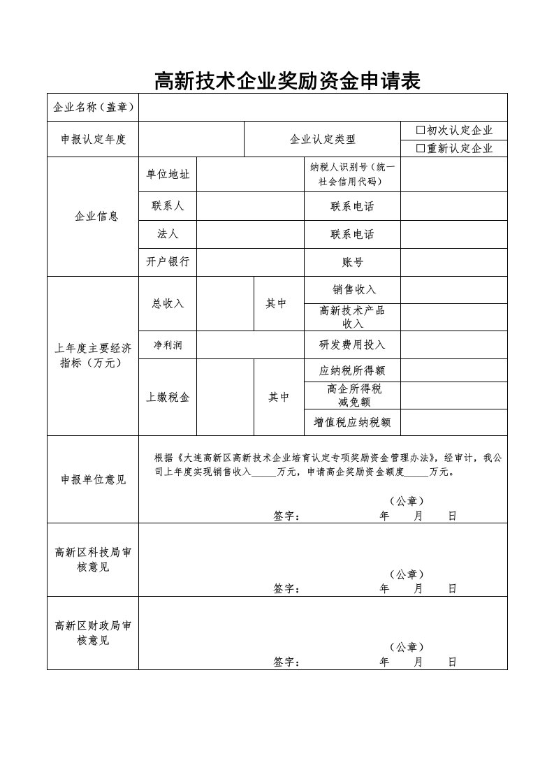 高新技术企业奖励资金申请表