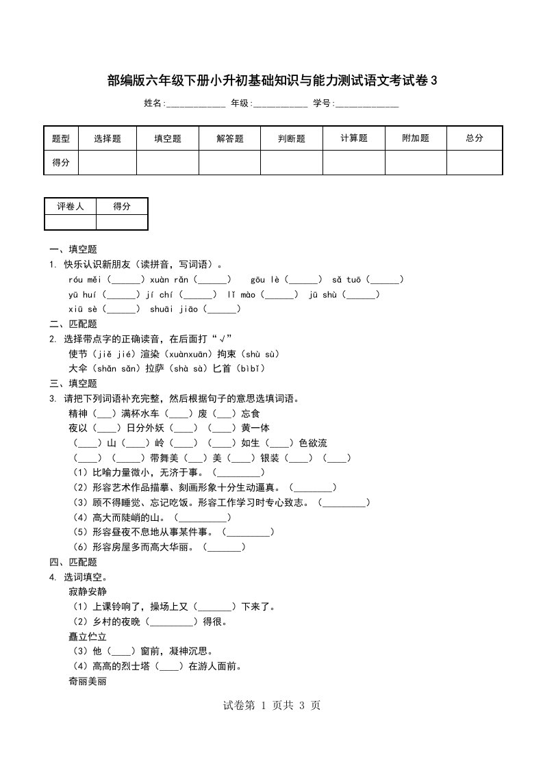 部编版六年级下册小升初基础知识与能力测试语文考试卷3