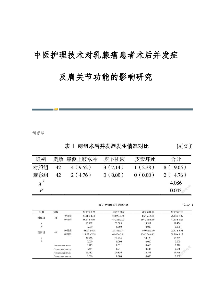 中医护理技术对乳腺癌患者术后并发症及肩关节功能的影响研究