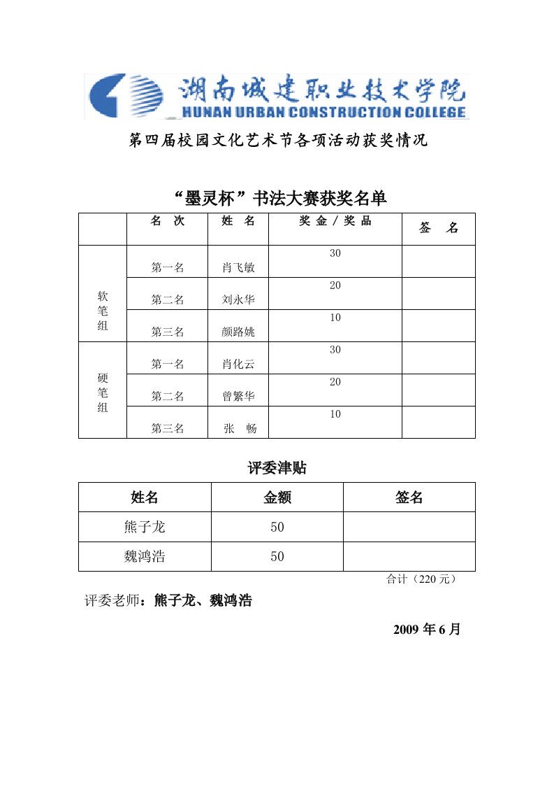 校园文化艺术节获奖表格