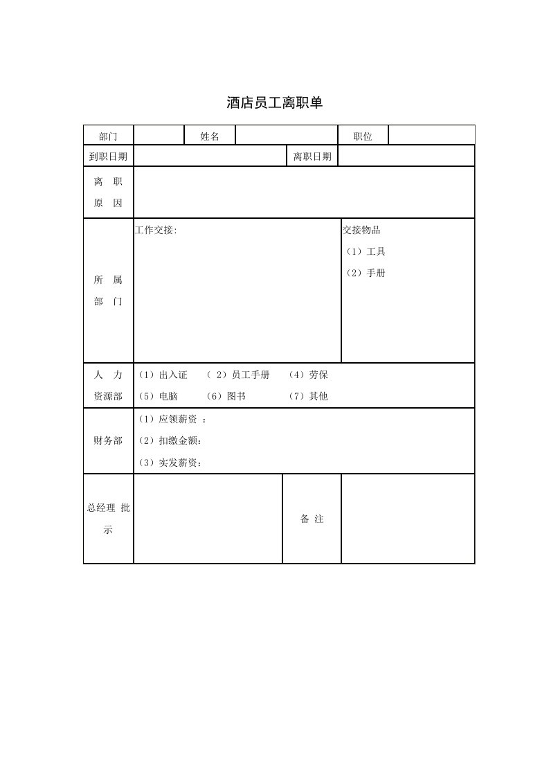 考勤管理-酒店员工离职单