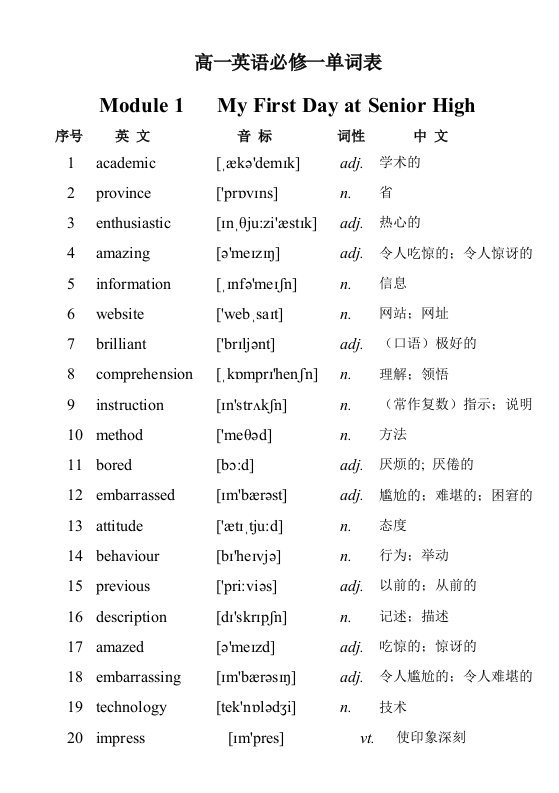 外研社高一英语必修1单词表