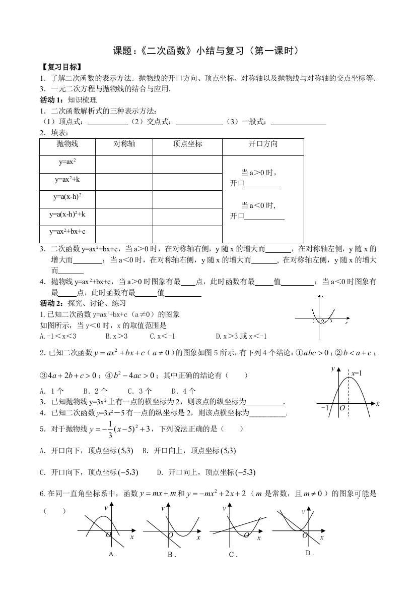 （中小学资料）二次函数复习一