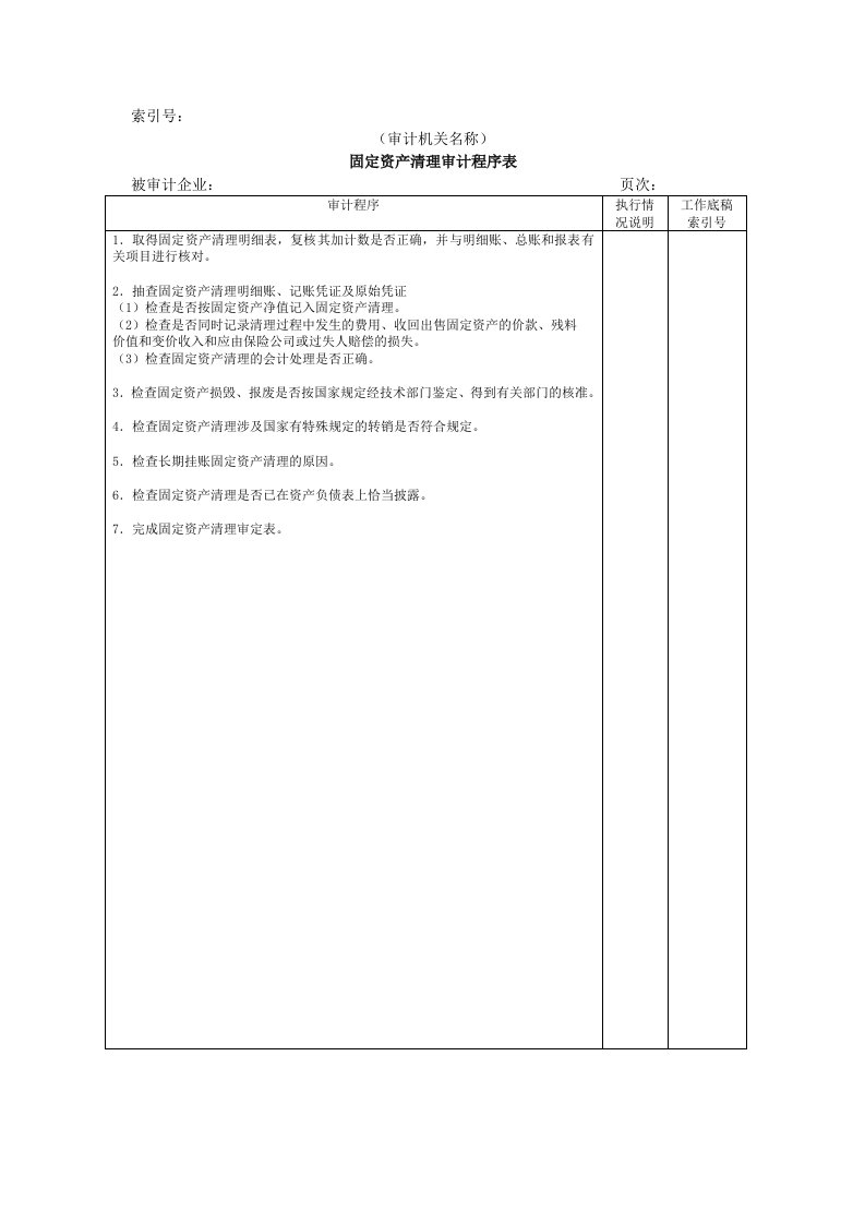 工程资料-非流动资产W03固定资产清理审计程序表