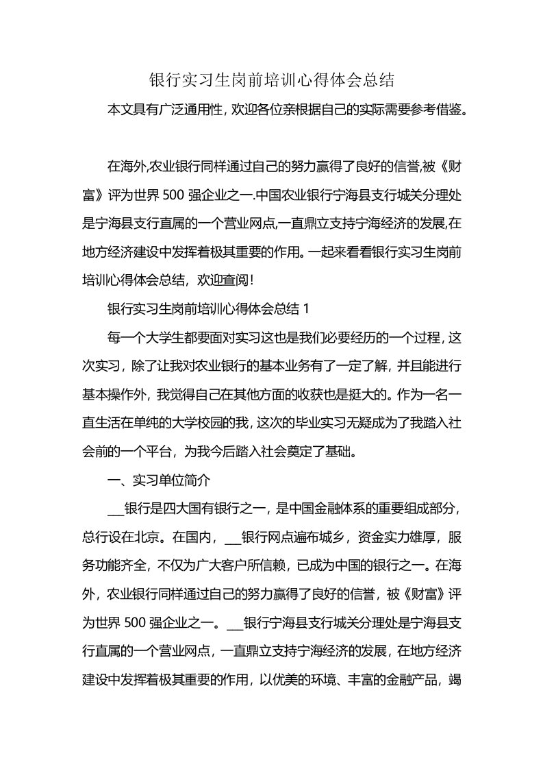 银行实习生岗前培训心得体会总结