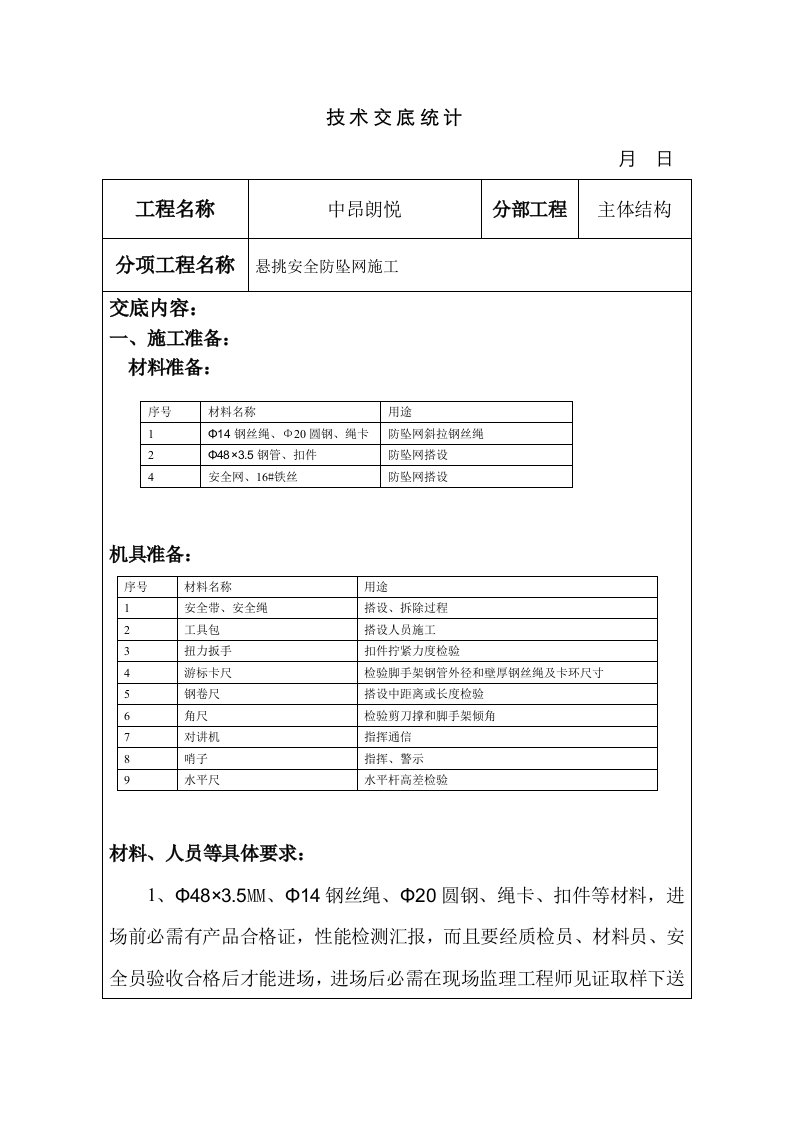 2021年悬挑安全防坠网施工技术交底