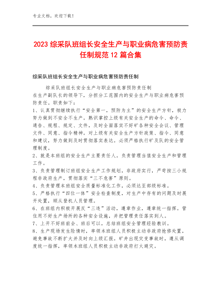 2023综采队班组长安全生产与职业病危害预防责任制规范12篇合集