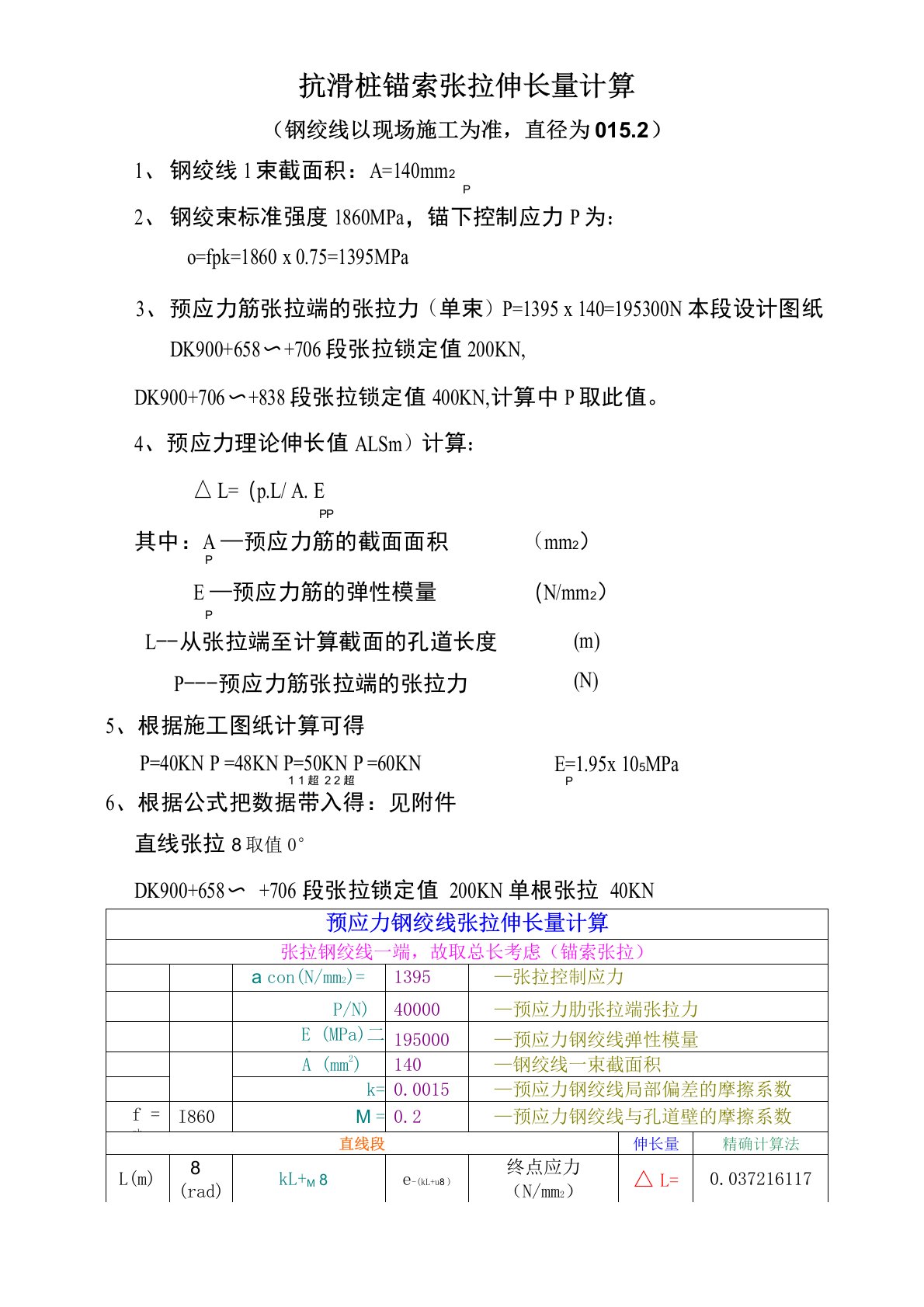 抗滑桩锚索张拉伸长量计算