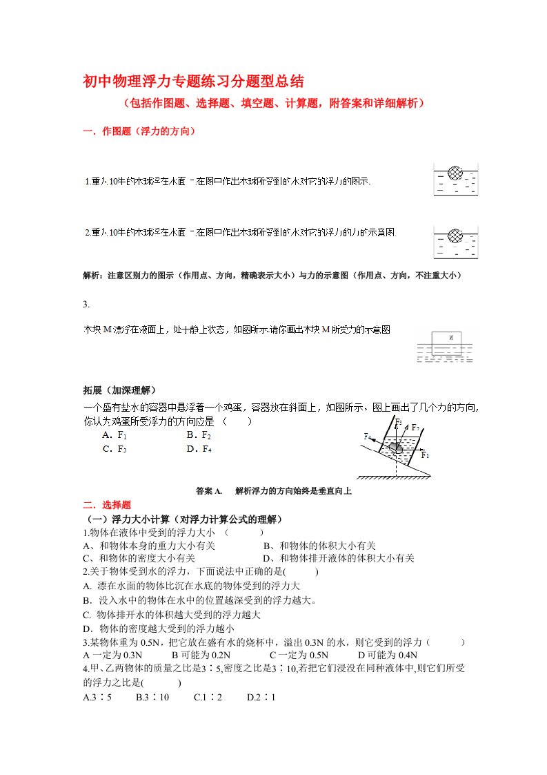 初中物理浮力专题练习大全(包括作图题、选择题、填空题、计算题,附答案和解析)