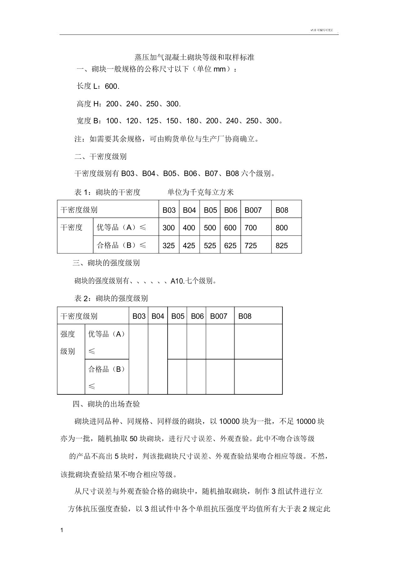 蒸压加气混凝土砌块等级和取样标准