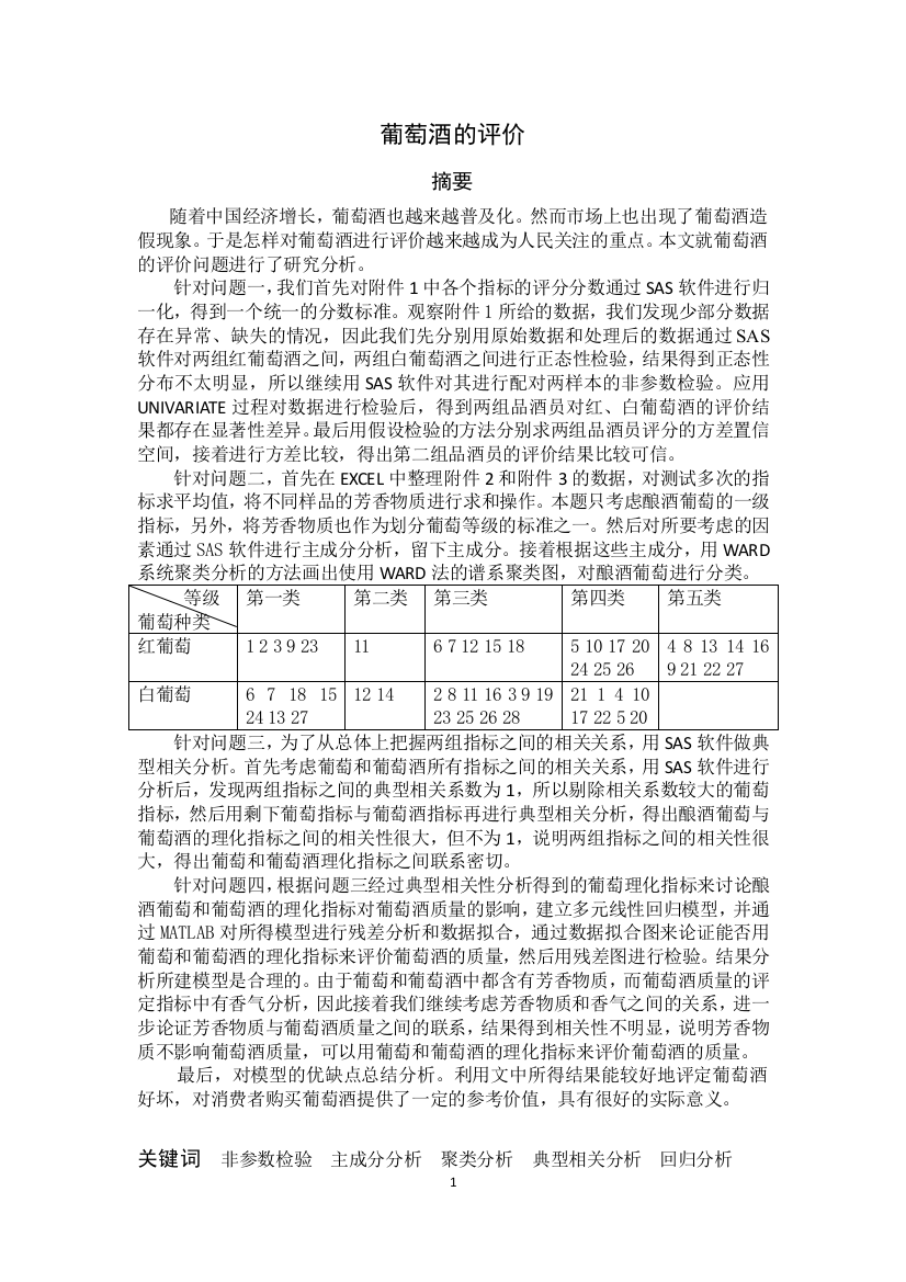 葡萄酒的评价-大学生数学建模大赛国家二等奖论文