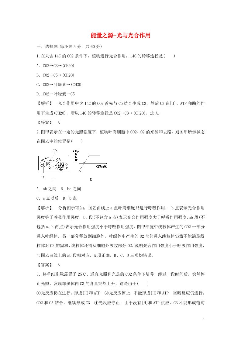 2021_2022学年高中生物第五章细胞的能量供应和利用第4节能量之源__光与光合作用2课时2作业含解析新人教版必修1