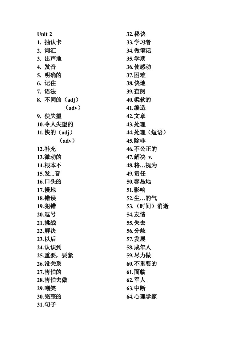 鲁教版初中英语九年级Unit2单词默写全