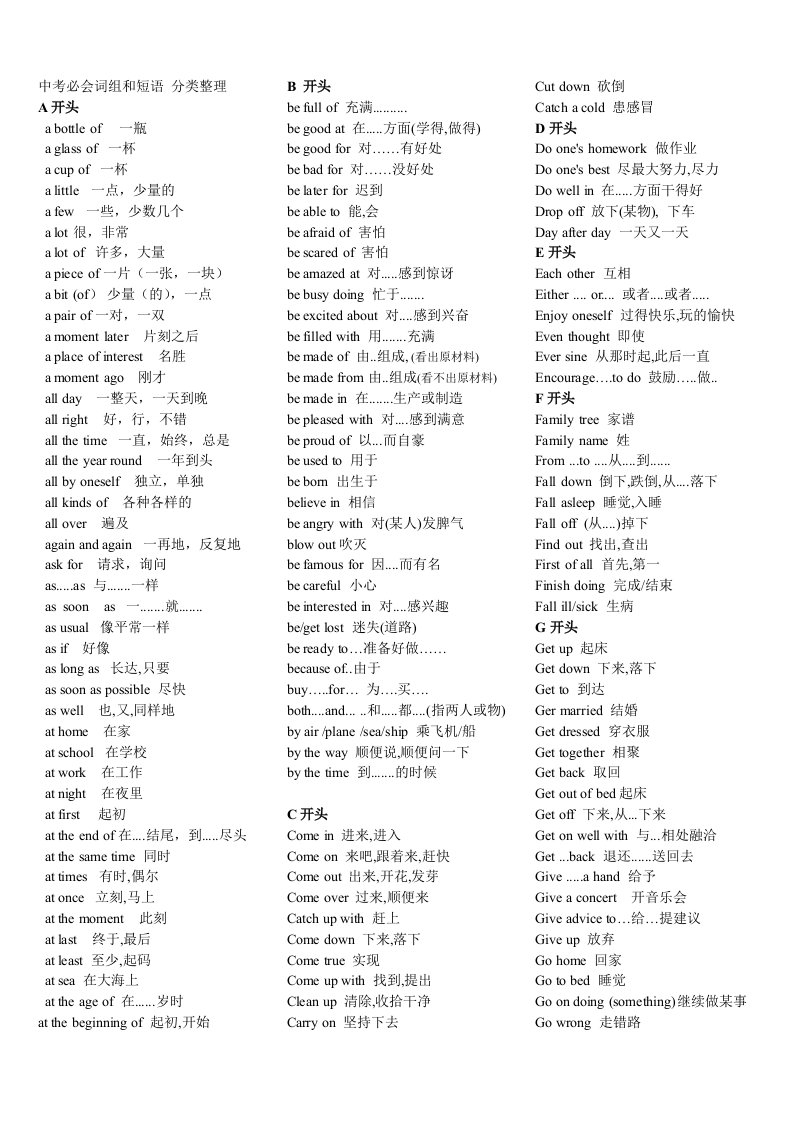 中考必会词组和短语分类整理