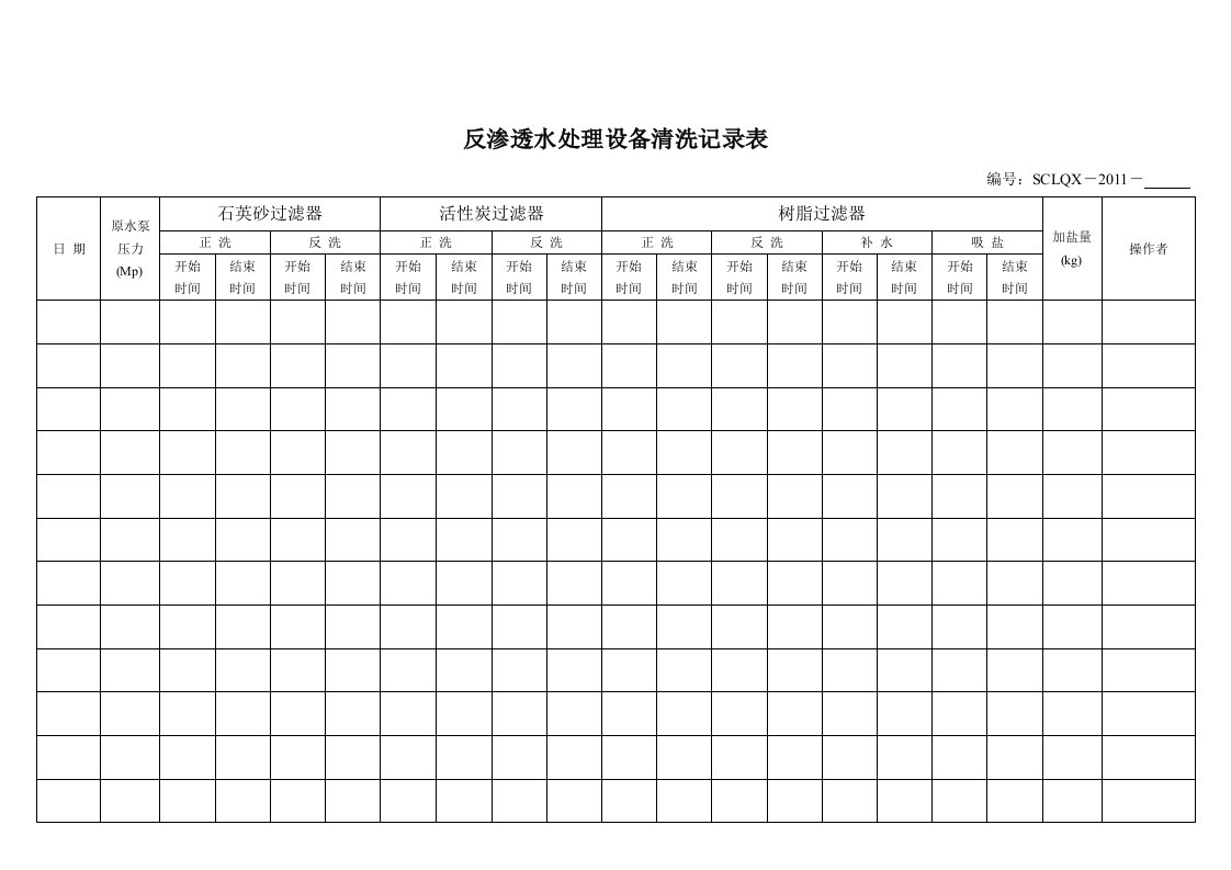 反渗透水处理设备清洗记录表