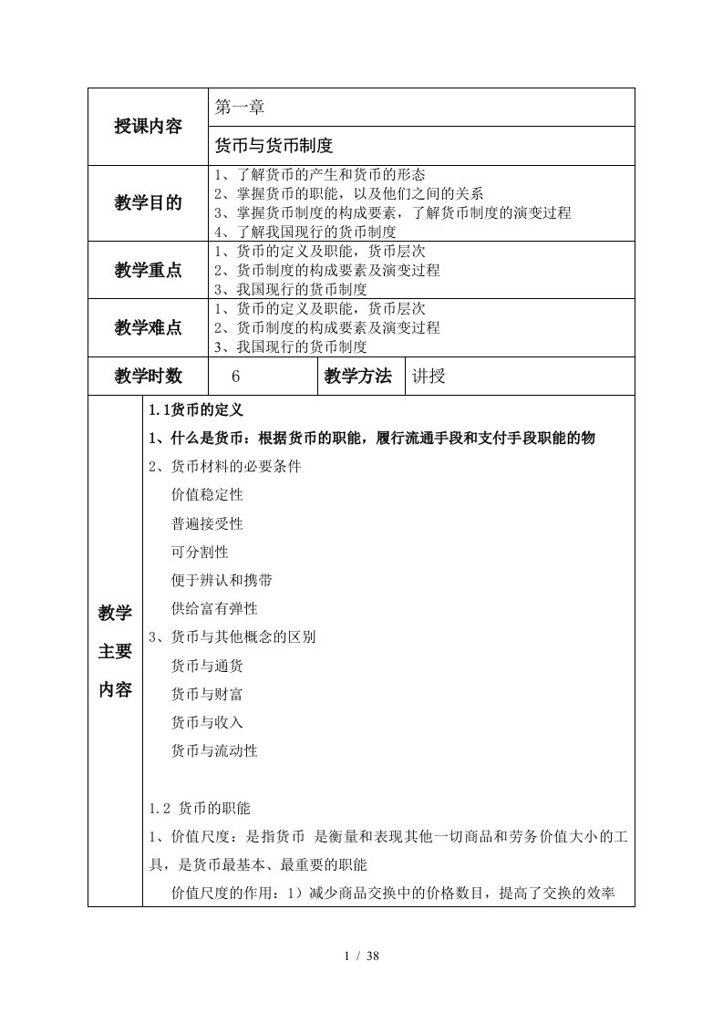 货币金融学教案