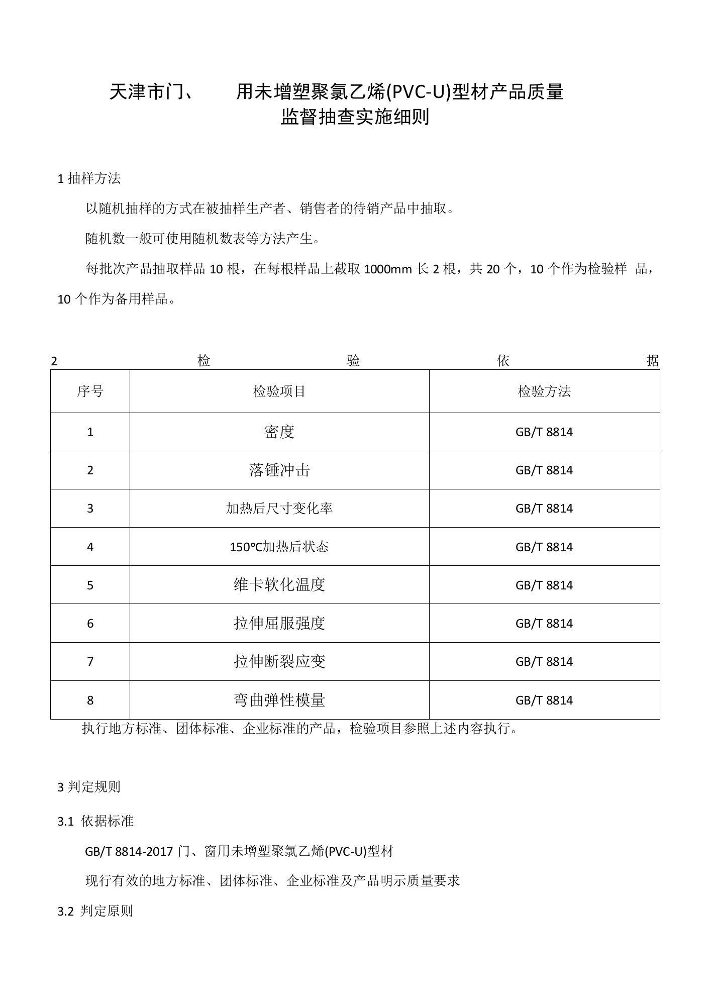 33天津市门、窗用未增塑聚氯乙烯(PVC-U)型材产品质量监督抽查实施细则