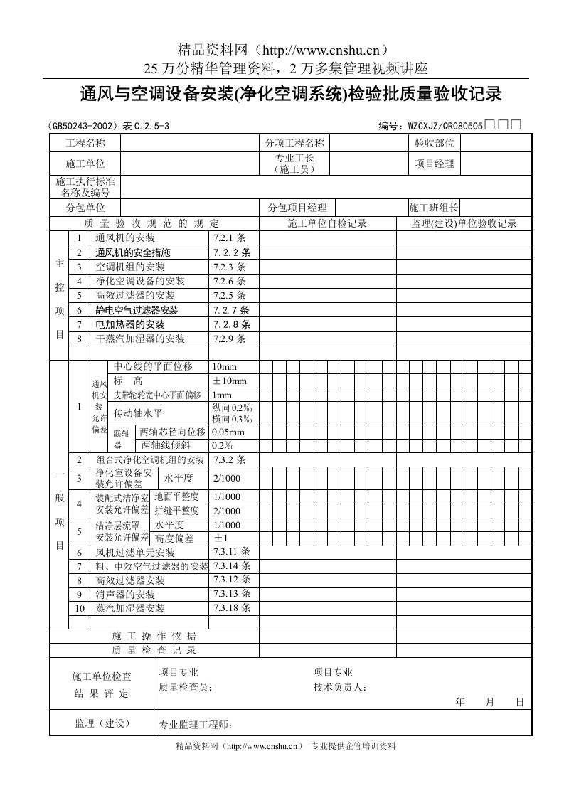 通风与空调设备安装（净化空调系统）检验批质量验收记录