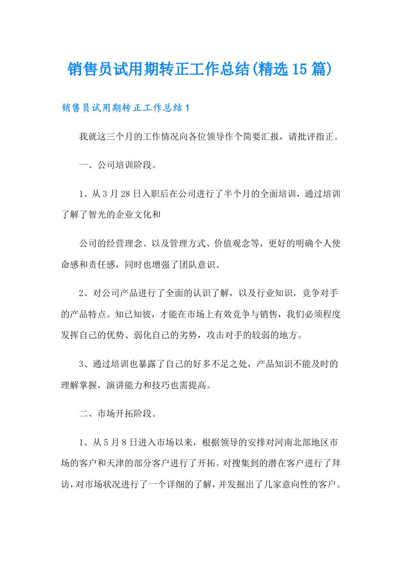 销售员试用期转正工作总结(精选15篇)