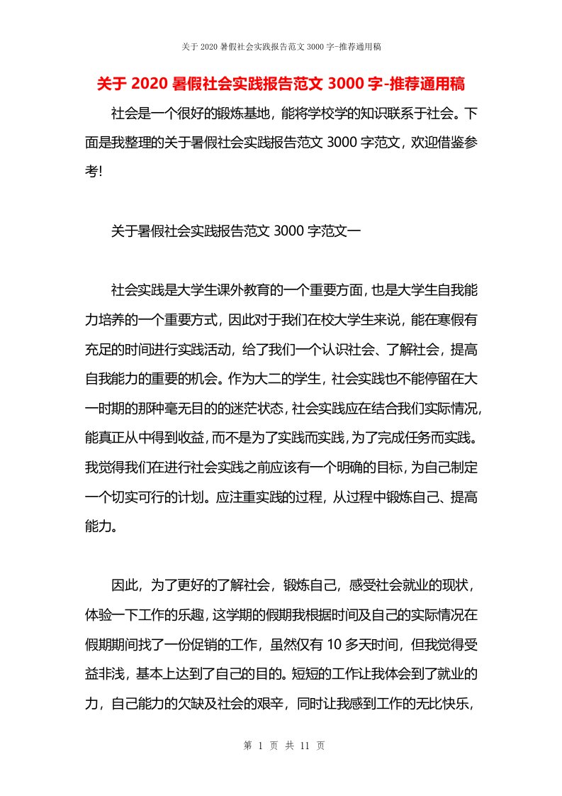 关于2020暑假社会实践报告范文3000字