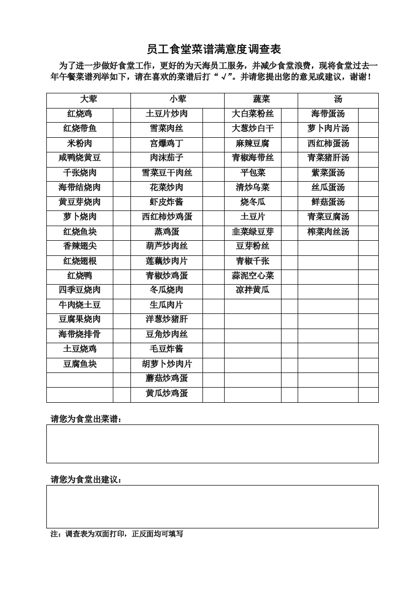 员工食堂菜谱满意度调查表实用文档